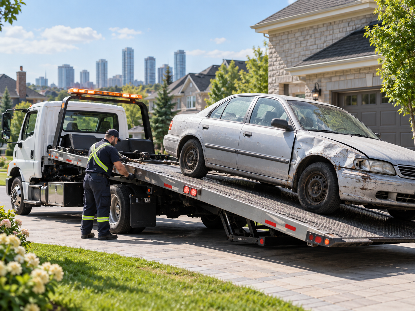 Junk car removal in Vaughan with damaged car being loaded onto a tow truck